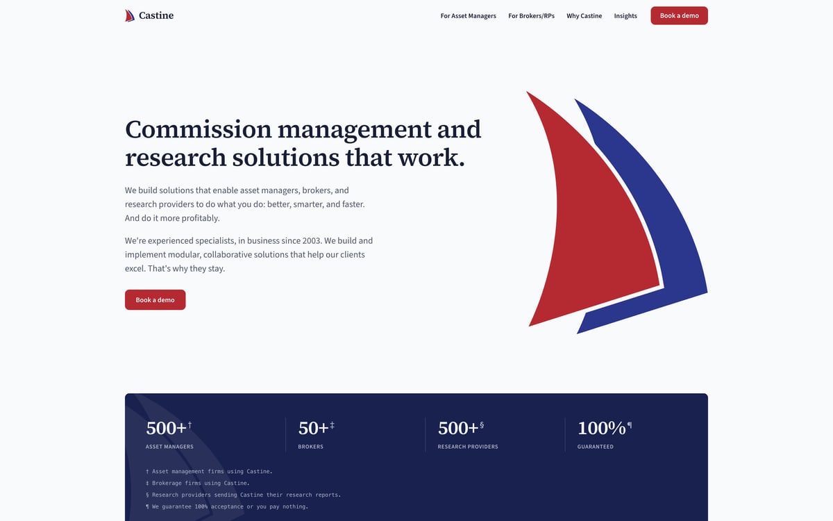 The rebuilt Castine website: a light page with a serif headline, a short introduction and a Book a demo button beside the red and blue sail mark, above a dark band of client numbers.