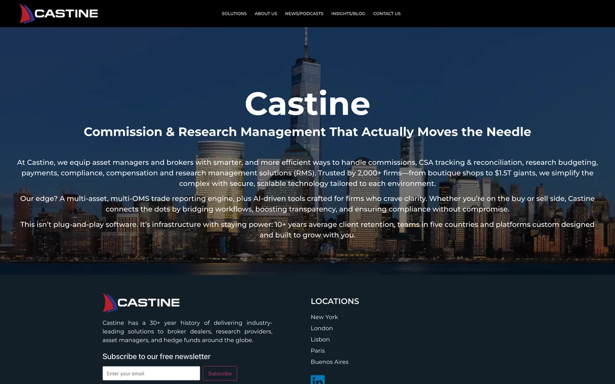 Castine's previous WordPress site: a full-screen photo of the Manhattan skyline behind a centered headline and three dense paragraphs of text.