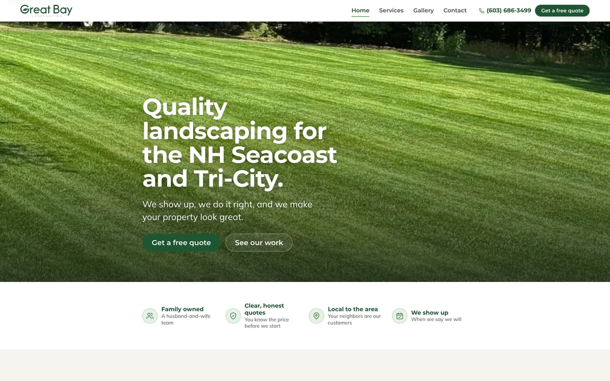 Great Bay Landscaping's redesigned website: a modern, fast site with their real before-and-after photos front and center and a clear quote call to action.