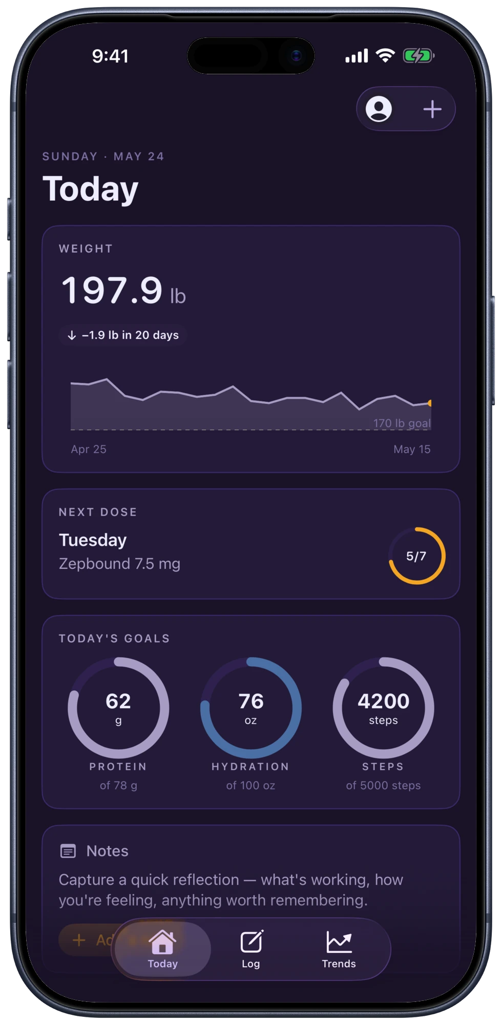 The Lumis app Today screen: weight trend, next dose, and daily goals in a calm, privacy-first interface.
