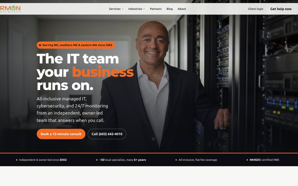 The rebuilt RMON Networks website: a modern, fast site led by real photos of the team and one clear consult call to action.