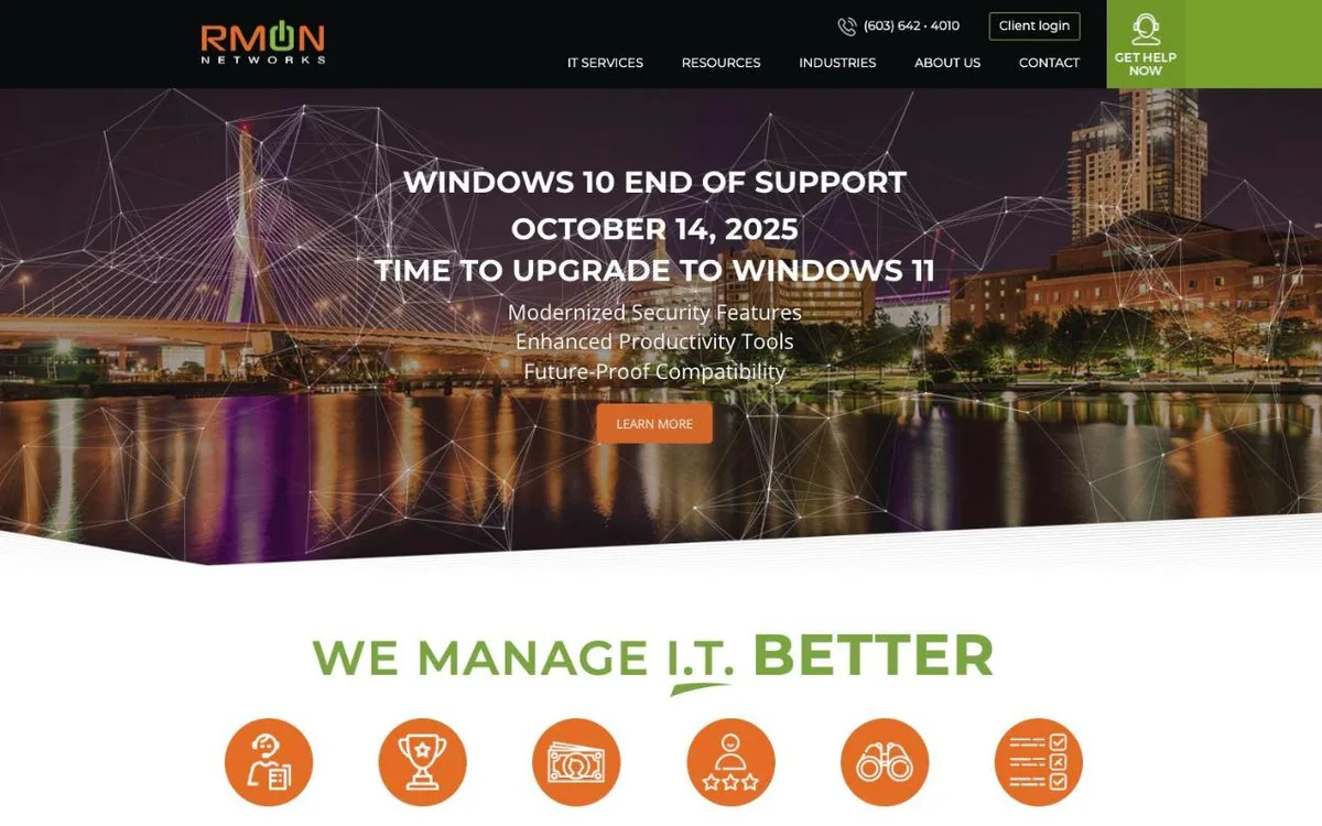 The old RMON Networks website: a dated vendor template with a rotating banner over a stock skyline.