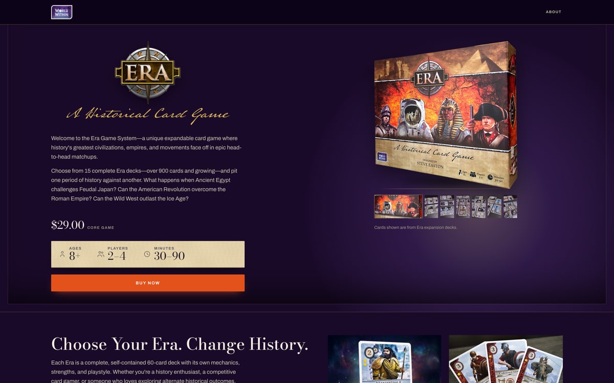 The World Within Games product page for ERA: the angled box render on the right, the spec strip and a buy button on the left, on a dark vitrine background.