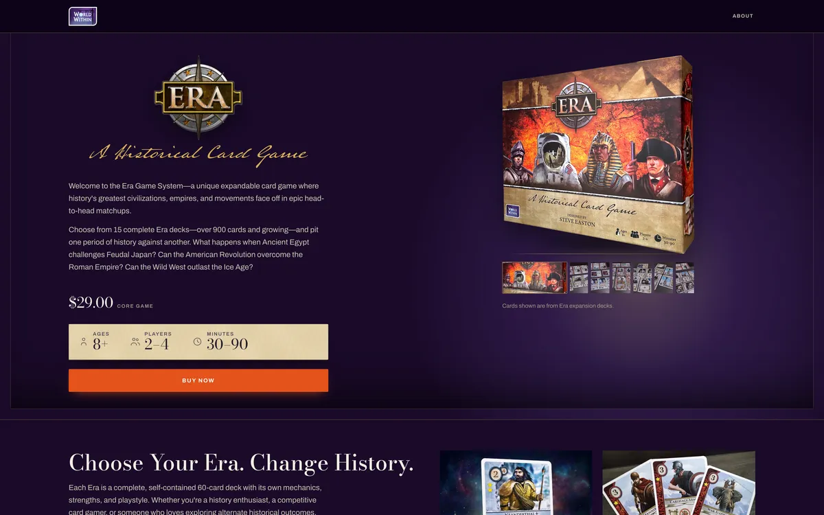 The World Within Games product page for ERA: the angled box render on the right, the spec strip and a buy button on the left, on a dark vitrine background.