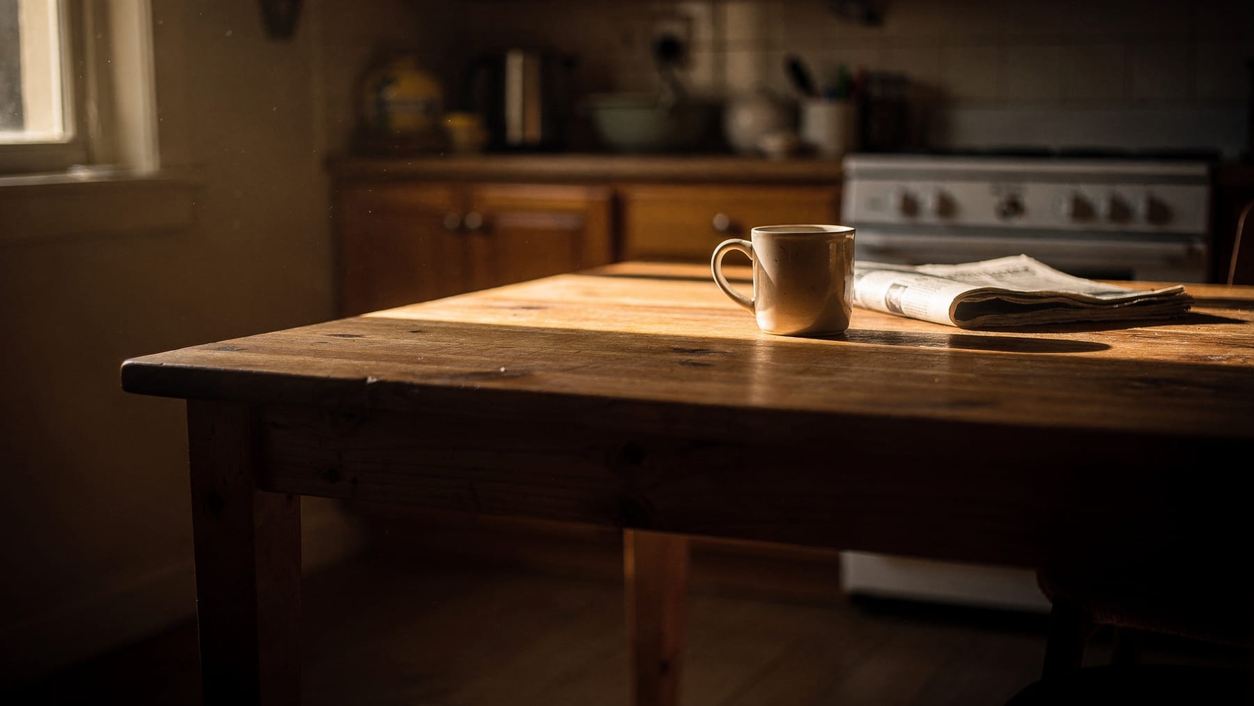An empty kitchen table by a window in late afternoon, one mug and a folded newspaper.